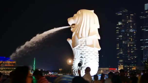 Singapore Merlion освещается вечером и туристами - Handheld — стоковое видео