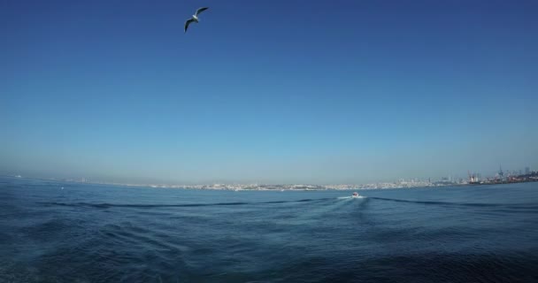 Small boat and Istanbul city on the horizon - Ultrawide, DCI 4K — Stockvideo