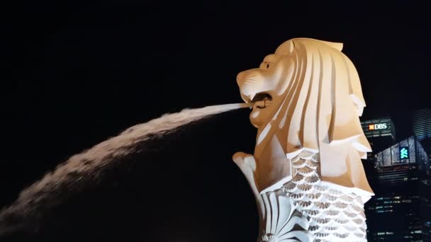 Fontana di Merlion illuminata la sera a Singapore — Video Stock