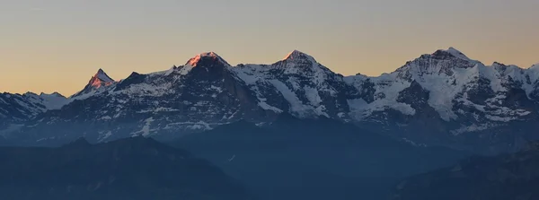 Prima luce solare sulle cime di Eiger, Monch e Jungfrau — Foto Stock