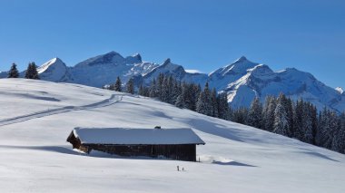 Gstaad yakınındaki pastoral kış manzarası