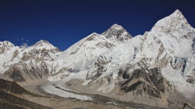 Görüntü Kala Patthar 'dan. Everest Dağı ve Khumbu Buzulu.