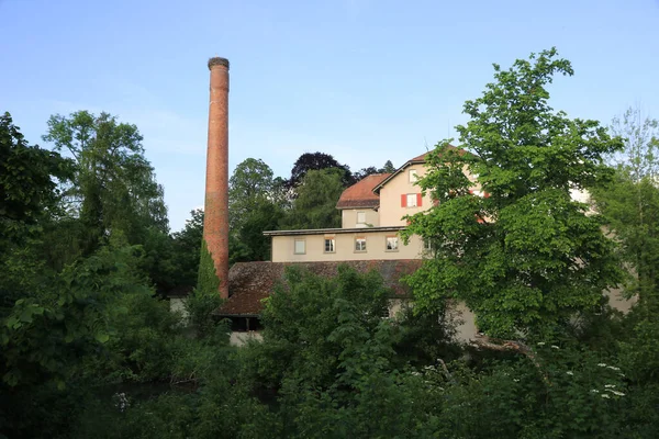 Schoenau Antigua Fábrica Wetzikon Zurich Hermosa Chimenea Vieja Con Nido — Foto de Stock