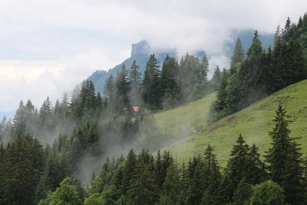 Fog Creeping Mountain Side Distant View Mount Augstmatthorn — Foto de Stock