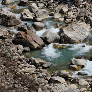 Langtang Khola 'nın detayları, Nepal, Langtang Vadisi' ndeki nehir..
