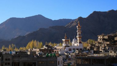 Altın kavak ağacı tepeleri ve Jama Mescidi Camii, Leh, Hindistan.
