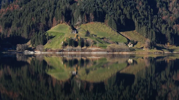 Idylliska scenen vid en sjö i de schweiziska Alperna — Stockfoto