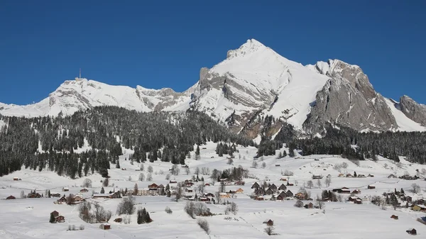 Gamma Alpstein innevata e case del villaggio Wildhaus — Foto Stock