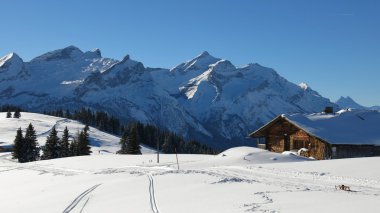 Gstaad yakınındaki pastoral kış manzarası