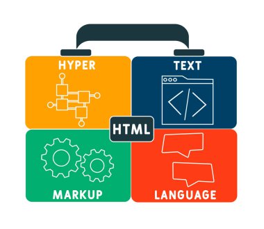 HTML - hiper metin belirleme dili kısaltma iş konsepti geçmişi. Anahtar sözcükler ve simgelerle vektör illüstrasyon kavramı. Web afişi, el ilanı, iniş sayfası simgeleriyle illüstrasyon