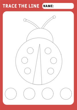 Komik küçük uğur böceği. Eğitici çocuklar oyunu. Hasarlı çizgilerin takibi için okul öncesi çalışma çizelgesi. İzleme Çalışma Kağıdı. Görüntü ve vektör ana hatları - A4 kağıt 