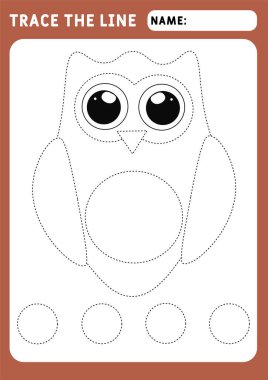 Komik küçük baykuş. Eğitici çocuklar oyunu. Hasarlı çizgilerin takibi için okul öncesi çalışma çizelgesi. İzleme Çalışma Kağıdı. Görüntü ve vektör ana hatları - A4 kağıt 