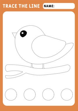 Komik küçük kuş. Eğitici çocuklar oyunu. Hasarlı çizgilerin takibi için okul öncesi çalışma çizelgesi. İzleme Çalışma Kağıdı. Görüntü ve vektör ana hatları - A4 kağıt