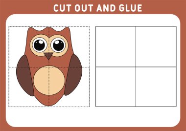 Çocuklar için eğitici bir oyun. Çocuklar için bulmaca. Kes ve yapıştır. Komik küçük baykuş. Çalışma çizelgesi. Vektör illüstrasyonu.