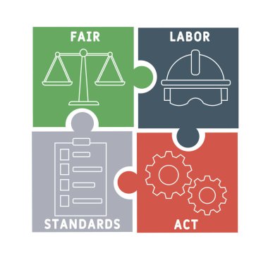 FLSA - adil iş standartları kısayol iş konsepti geçmişi. Anahtar sözcükler ve simgelerle vektör illüstrasyon kavramı. Web afişi, el ilanı, iniş sayfası simgeleriyle illüstrasyon