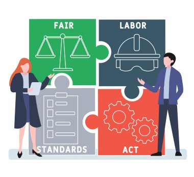 İnsanlarla düz tasarım. FLSA - adil iş standartları kısaltması. İş kavramı geçmişi. Web sitesi afişi, pazarlama materyalleri, iş sunumu, çevrimiçi reklamcılık için vektör illüstrasyonu