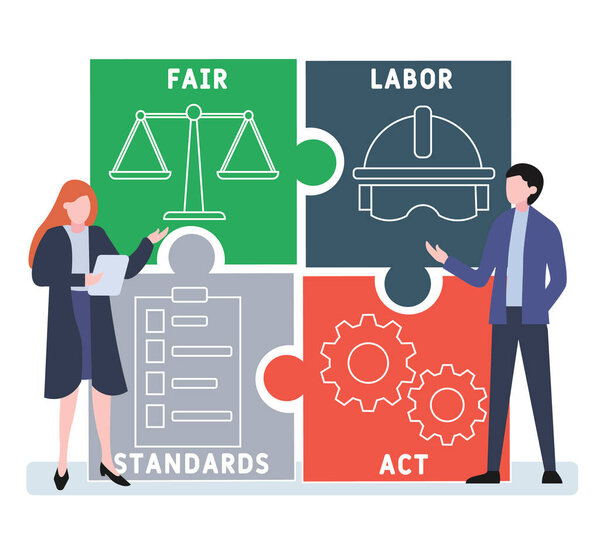 Flat design with people. FLSA - fair labor standards act  acronym. business concept background. Vector illustration for website banner, marketing materials, business presentation, online advertising