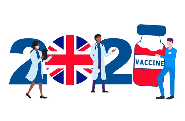 2021 Рік Вакцина Covid Прапором Великої Британії Лікарями Білому Тлі — стоковий вектор