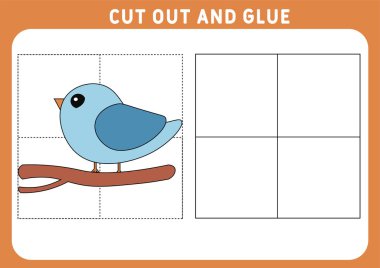 Çocuklar için eğitici bir oyun. Çocuklar için bulmaca. Kes ve yapıştır. Komik küçük kuş. Çalışma çizelgesi. Vektör illüstrasyonu.