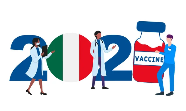 2021 Yılı Talya Bayraklı Covid Aşısı Beyaz Arka Planda Doktorlar — Stok Vektör