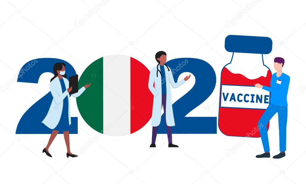 2021 year. Covid-19 vaccine with italy flag and doctors on white background. Greeting card on the theme of fighting the COVID-19 epidemic with the hope of receiving a vaccine by 2021