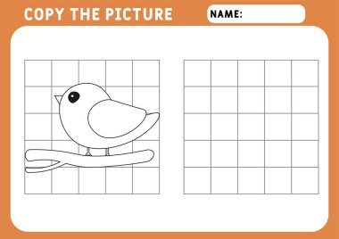 Renkli komik küçük kuş. Çocuklar için Eğitici Oyun. Fotoğrafı kopyala. Çizim ve vektör taslağı - A4 kağıdı basılmaya hazır. Okul öncesi çalışma tablosu.