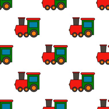 Beyaz arka planda renkli tren olan kusursuz bir model. Çocuk kalıbı. Basit bir model. Renkli trend vektör çizimi. Çizgi film tarzı. Düz dizayn. Kusursuz desen. 
