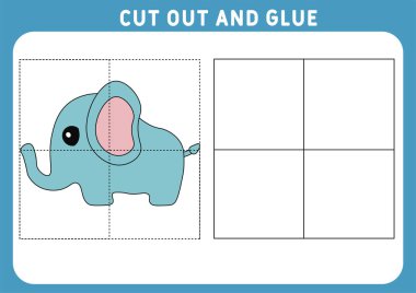 Çocuklar için eğitici bir oyun. Çocuklar için bulmaca. Kes ve yapıştır. Komik küçük fil. Çalışma çizelgesi. Vektör illüstrasyonu.