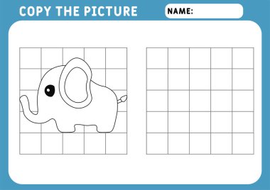 Boyama Komik Küçük Fil. Çocuklar için Eğitici Oyun. Fotoğrafı kopyala. Çizim ve vektör taslağı - A4 kağıdı basılmaya hazır. Okul öncesi çalışma tablosu.
