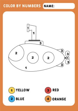 Denizaltıyla boyama sayfası. Rakamlara göre renk, eğitici çocuklar oyunu, çocuk aktiviteleri. Nakliye teması. Görüntü ve vektör çizelgesi - A4 kağıdı yazdırmaya hazır.