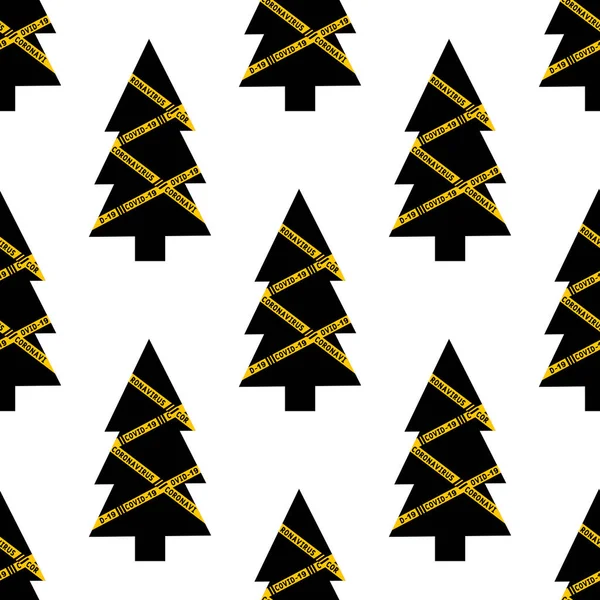 Black christmas tree and Quarantine biohazard danger. pattern. yellow and black stripes. Coronavirus Covid-19 and christmas or new year canceled concept. Vector illustration — Stock Illustration Black Christmas Tree Quarantine Biohazard Danger Pattern Yellow Black Stripes Vector Graphics