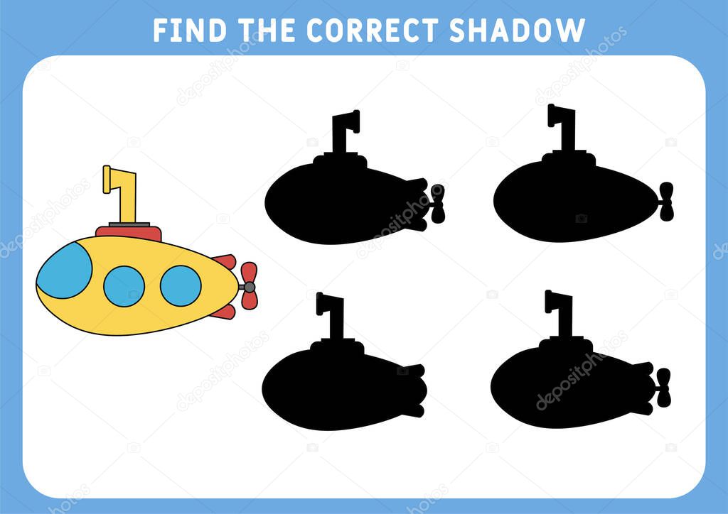 Find the correct shadow, education game for children. Funny little submarine. Preschool worksheet. Vector illustration.