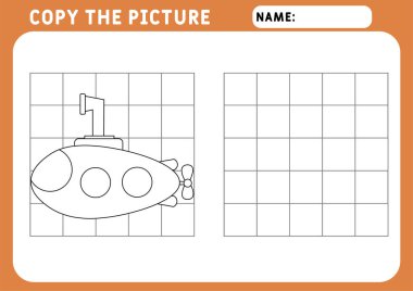 Renkli komik küçük denizaltı. Çocuklar için Eğitici Oyun. Fotoğrafı kopyala. Çizim ve vektör taslağı - A4 kağıdı basılmaya hazır. Okul öncesi çalışma tablosu.