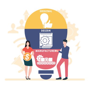 İnsanlarla düz tasarım. ODM - orijinal tasarım üreticisi kısaltması. İş kavramı geçmişi. Web sitesi afişi, pazarlama materyalleri, iş sunumu, çevrimiçi reklamcılık için vektör illüstrasyonu