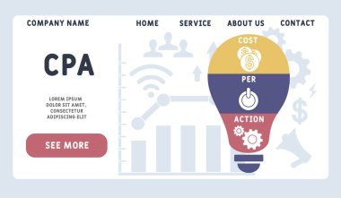 Vektör web sitesi tasarım şablonu. CPA - Action Action kısaltması maliyeti, iş kavramı. Web sitesi afişi, pazarlama malzemeleri, iş sunumu, çevrimiçi reklamcılık için illüstrasyon.