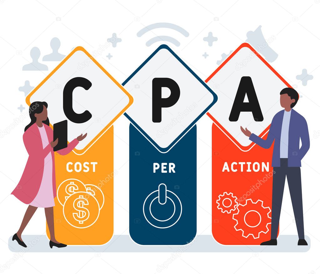 Flat design with people. CPA -  Cost Per Action acronym. business concept background. Vector illustration for website banner, marketing materials, business presentation, online advertising