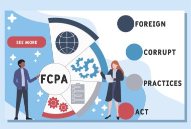 Vektör web sitesi tasarım şablonu. FCPA - yabancı yozlaşmış uygulamalar kısaltma, iş kavramı. Web sitesi afişi, pazarlama malzemeleri, iş sunumu, çevrimiçi reklamcılık için illüstrasyon.