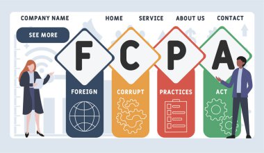 Vektör web sitesi tasarım şablonu. FCPA - yabancı yozlaşmış uygulamalar kısaltma, iş kavramı. Web sitesi afişi, pazarlama malzemeleri, iş sunumu, çevrimiçi reklamcılık için illüstrasyon.