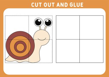 Çocuklar için eğitici bir oyun. Çocuklar için bulmaca. Kes ve yapıştır. Komik küçük salyangoz. Çalışma çizelgesi. Vektör illüstrasyonu.