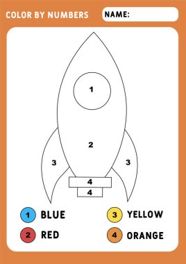 Küçük roketli boyama sayfası. Rakamlara göre renk, eğitici çocuklar oyunu, çocuk aktiviteleri. Nakliye teması. Görüntü ve vektör çizelgesi - A4 kağıdı yazdırmaya hazır.