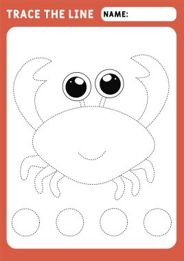 Komik küçük Yengeç. Eğitici çocuklar oyunu. Hasarlı çizgilerin takibi için okul öncesi çalışma çizelgesi. İzleme Çalışma Kağıdı. Görüntü ve vektör ana hatları - A4 kağıt 