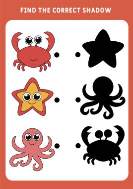 Doğru gölgeyi bul. Küçük komik yengeç, karides, denizyıldızı. Çocuklar için eğitici eşleştirme oyunu. Anaokulu öğrencileri için çalışma listesi. Vektör illüstrasyonu.