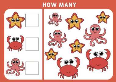 Anaokulu çocukları için sayım oyunu. Eğitici bir matematik oyunu. Çıkarma kağıtları. Kaç nesne görevi. Matematik, sayılar öğreniyorum. Set - Komik küçük yengeç, karides, denizyıldızı