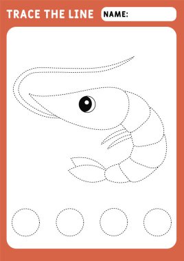 Komik küçük karides. Eğitici çocuklar oyunu. Hasarlı çizgilerin takibi için okul öncesi çalışma çizelgesi. İzleme Çalışma Kağıdı. Görüntü ve vektör ana hatları - A4 kağıt 