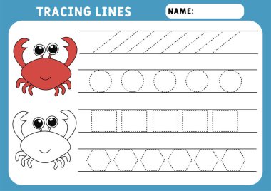 Çocuklar için izleme çizelgesi. Temel yazılar. Çocuklar için çalışan sayfalar. Komik küçük Yengeç. Anaokulu ya da anaokulu ödevi. Şablonu takip et. Görüntü ve vektör ana hatları - A4 kağıt