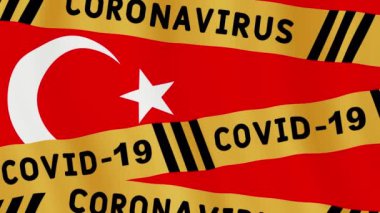 Animasyon konsepti, karantina uyarısı. Hindi bayrağı üzerinde uyarı bandı. Covid-19 virüs bandı. İzolasyon dikkati animasyon hareketli grafik konsept video. Corona virüsü salgını hakkında bilgi.