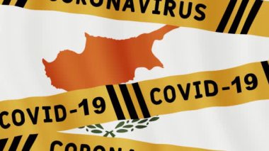Animasyon konsepti, karantina uyarısı. Kıbrıs bayrağı üzerinde uyarı bandı. Covid-19 virüs bandı. İzolasyon dikkati animasyon hareketli grafik konsept video. Corona virüsü salgını hakkında bilgi.