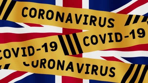 动漫概念谨慎隔离 英国国旗上的警戒带 Covid 19病毒磁带 孤立注意动画动作图形概念视频 Corona病毒大流行病信息 — 图库视频影像