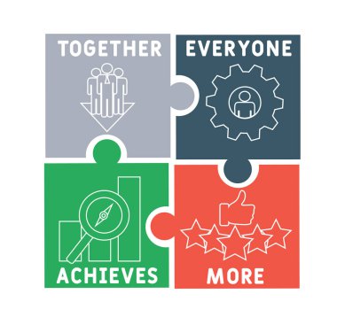 Takım - Herkes Birlikte Daha Fazla Kısaltma, İş Konseptine Ulaşır. Çizgi simgeleri ve süslemeleri içeren tipografi tasarımı çizimleri. İnternet sitesi tanıtım konsepti vektör düzeni.