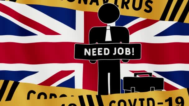 大流行病期间的经济危机概念 英国国旗 一个男人举着标牌 上面写着 需要工作 和Covid 19病毒带子 悬挂联合王国国旗的失业概念 — 图库视频影像